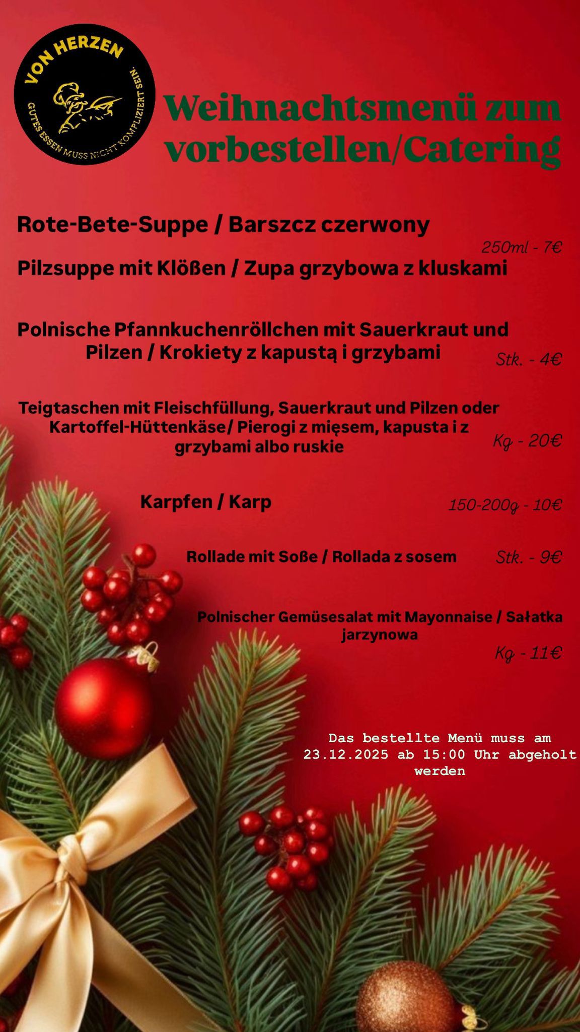 Weihnachtsmenükarte mit festlicher Dekoration in Rot und Grün und goldenen Akzenten
