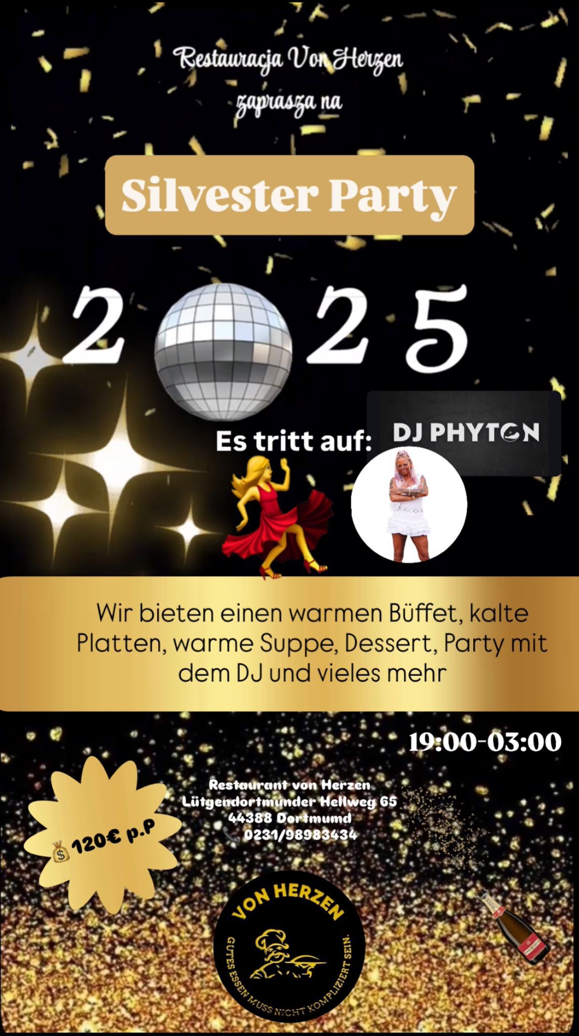 DJ mit Kopfhörern lächelt vor schwarzem Hintergrund mit goldenen Konfetti und Partymaske
