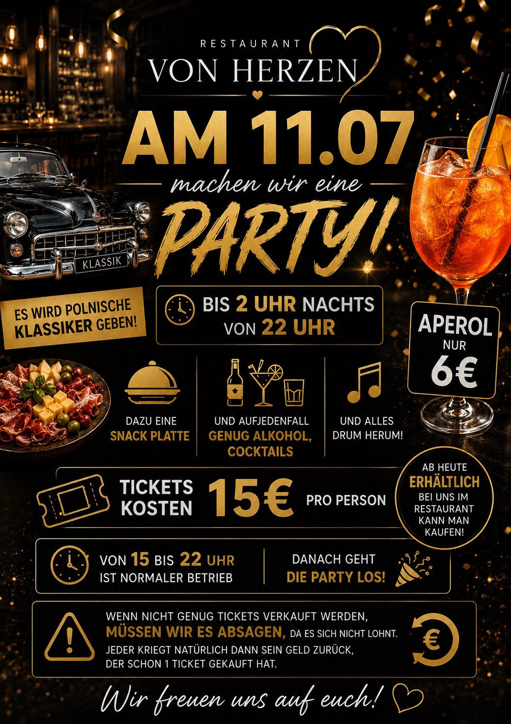 Schwarzes Partyplakat mit goldener Schrift, Aperolglas, Oldtimer und Konfetti, festlich fröhlich